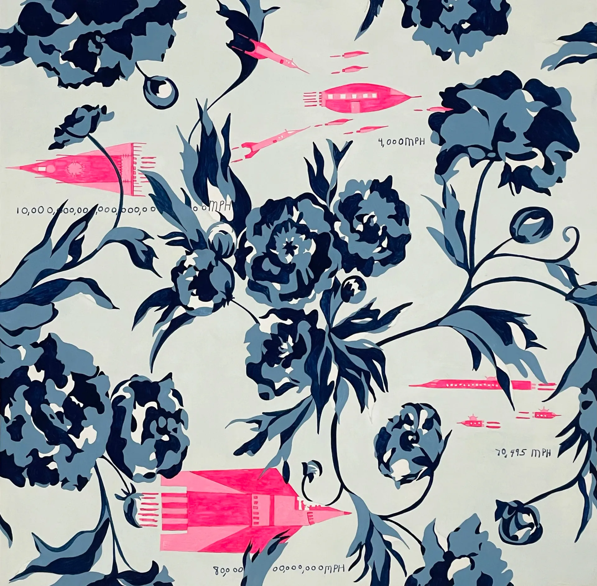 Painting of navy blue floral pattern with neon pink futuristic spacecraft labeled with speed notations