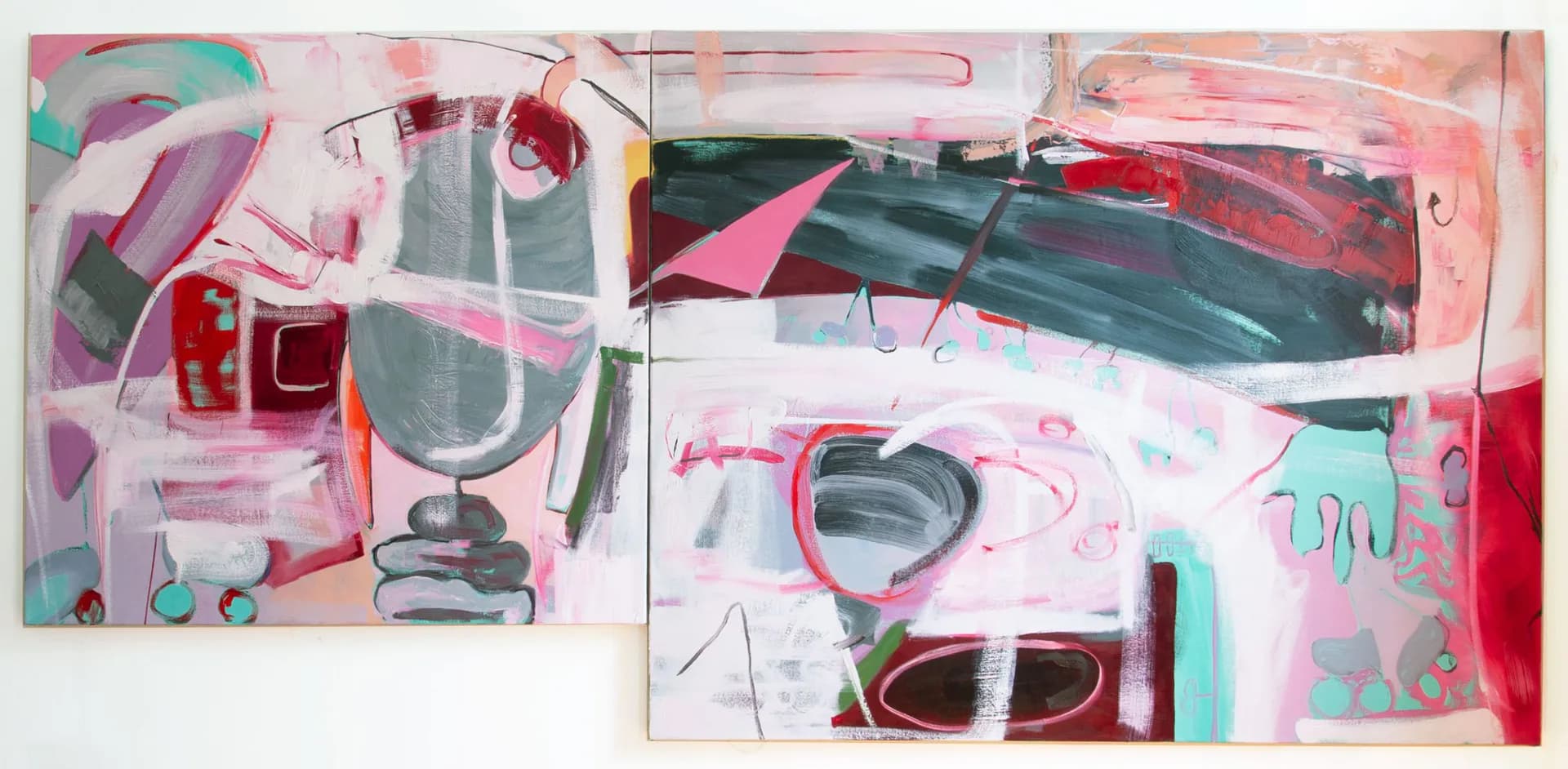 Abstract mixed-media diptych with fragmented forms in pink, red, teal, and white on textured surfaces.