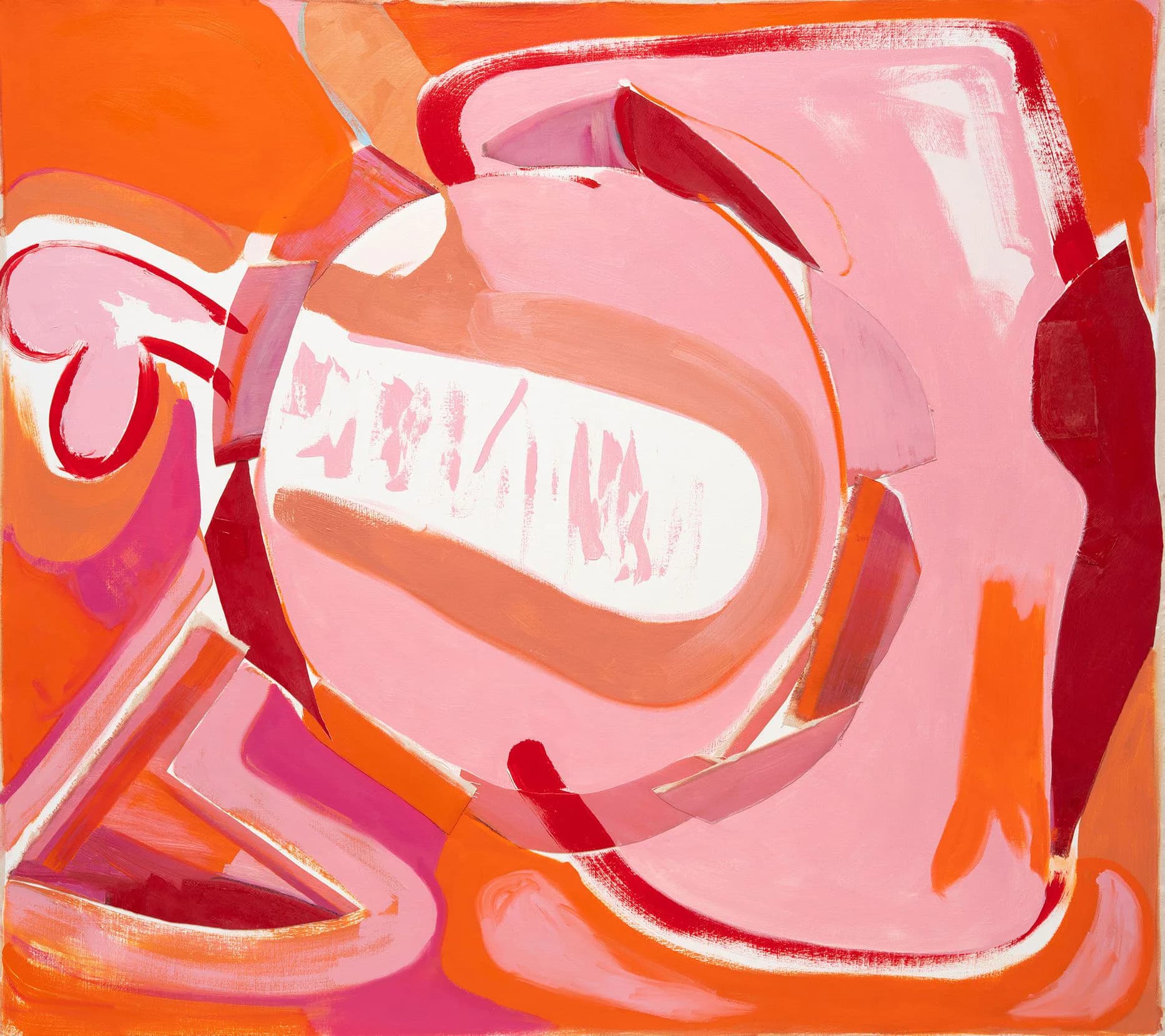 Vibrant abstract painting with bold pink, red, orange, and white organic shapes and gestural marks.