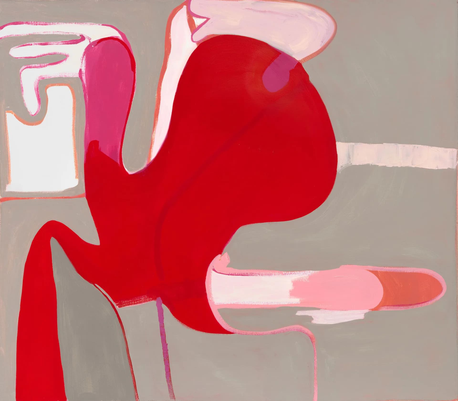Abstract painting with large red organic form and white linear elements against beige and pink background.