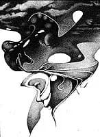 Abstract black and white ink artwork with flowing organic shapes