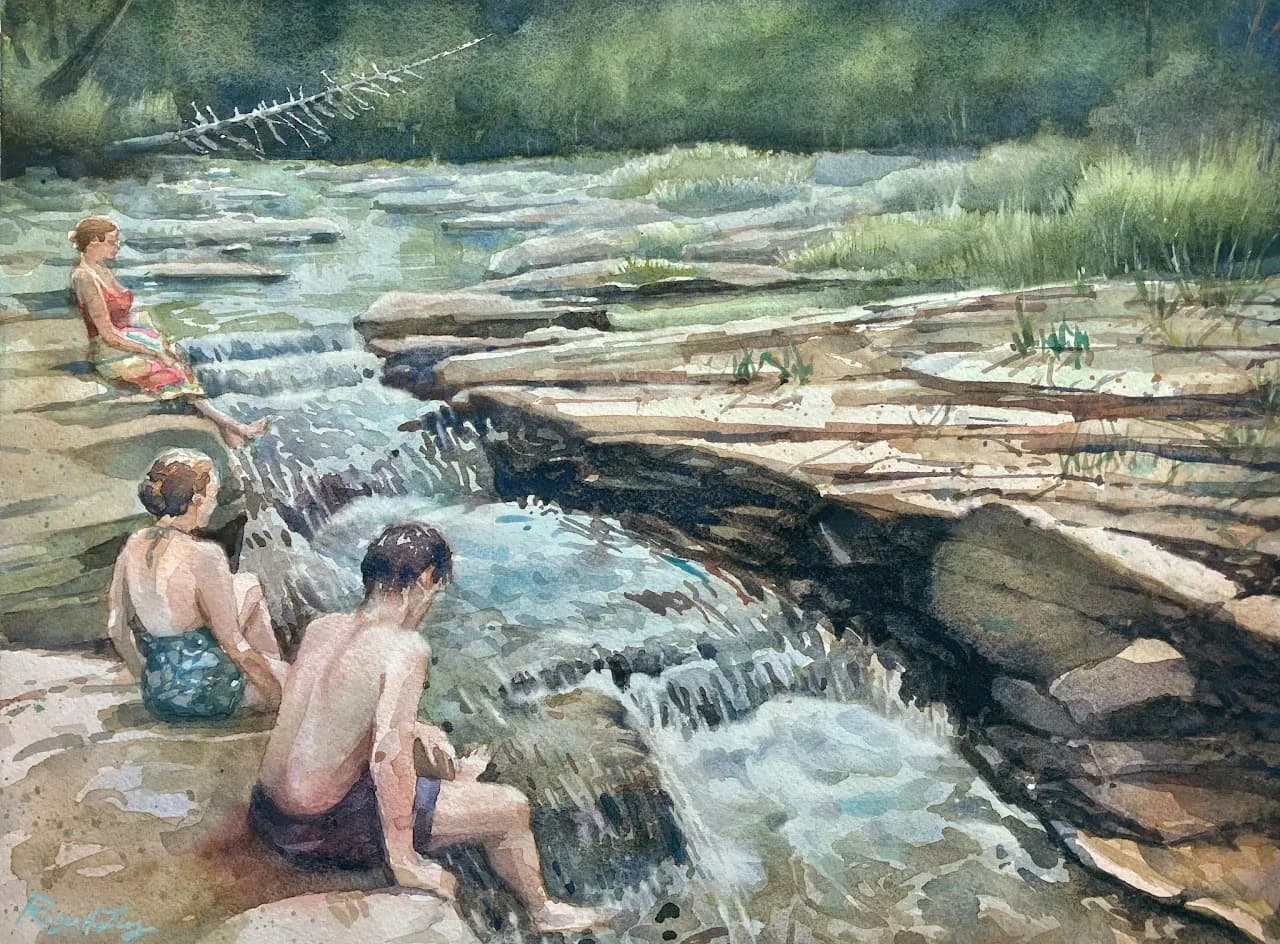 Watercolor painting depicting children wading in a shallow stream among fallen logs and natural landscape with trees along the banks.