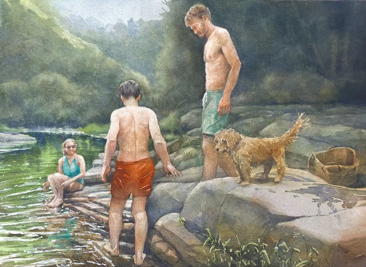 Watercolor painting of two shirtless boys and a dog standing on rocks by a river in a green valley landscape.