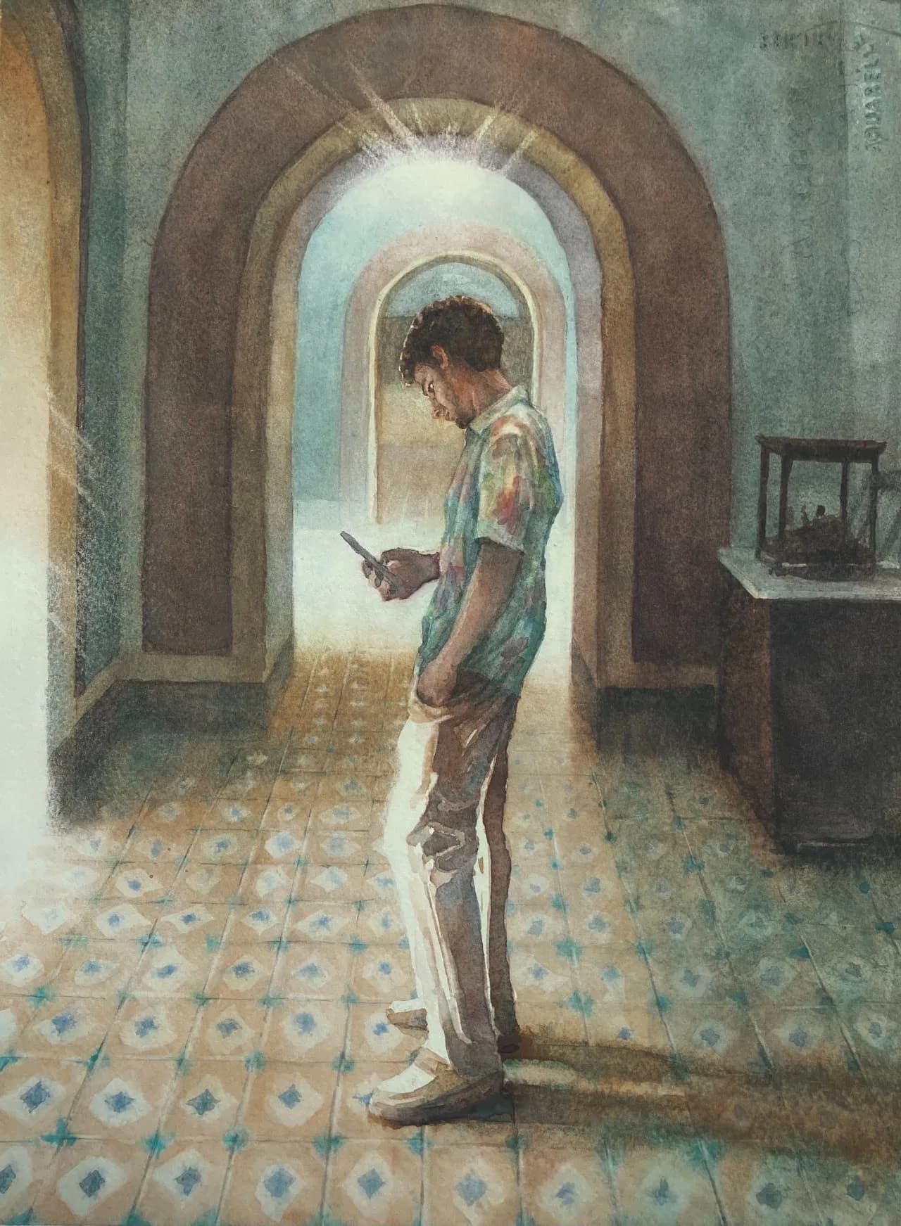 Watercolor painting of a boy standing in an arched stone corridor holding a bird, with light streaming through the archway.