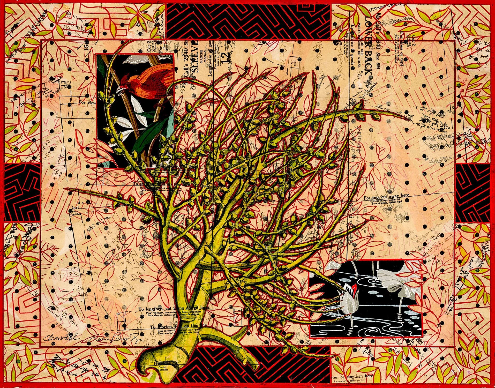 Mixed media collage with botanical tree, sewing pattern, and decorative border elements