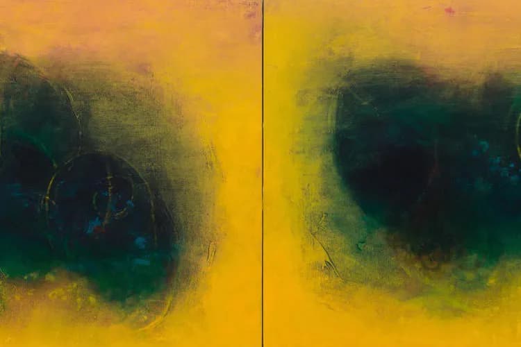 Abstract diptych painting with yellow and green tones, featuring dark circular forms emerging from mist-like backgrounds.