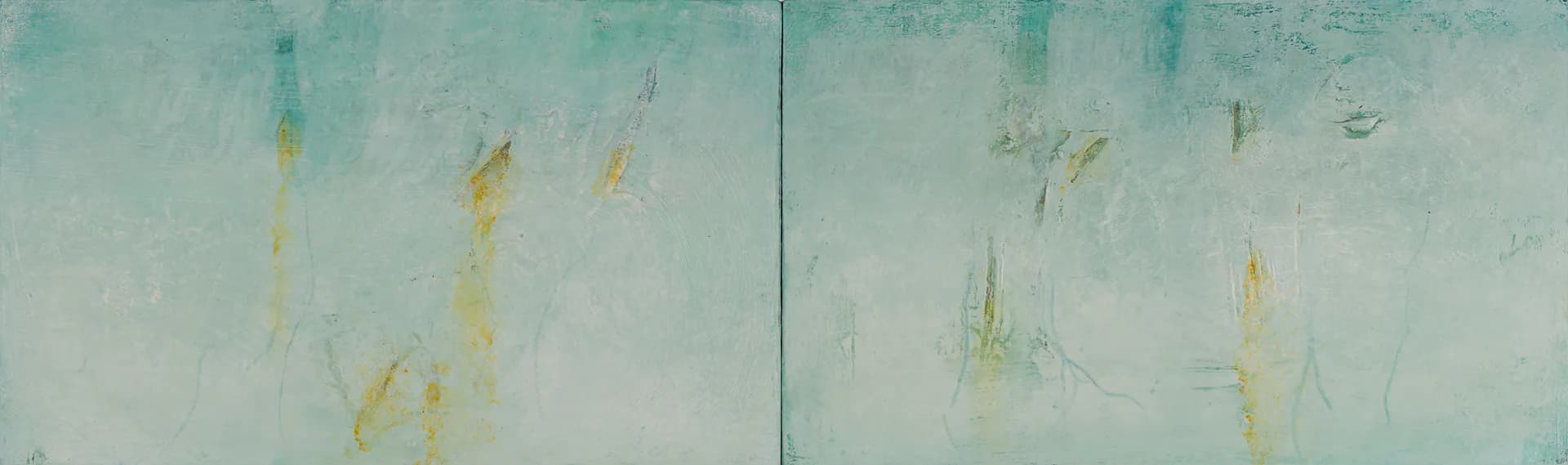 Diptych painting with pale blue-green background and subtle yellow drips and gestural marks suggesting movement.