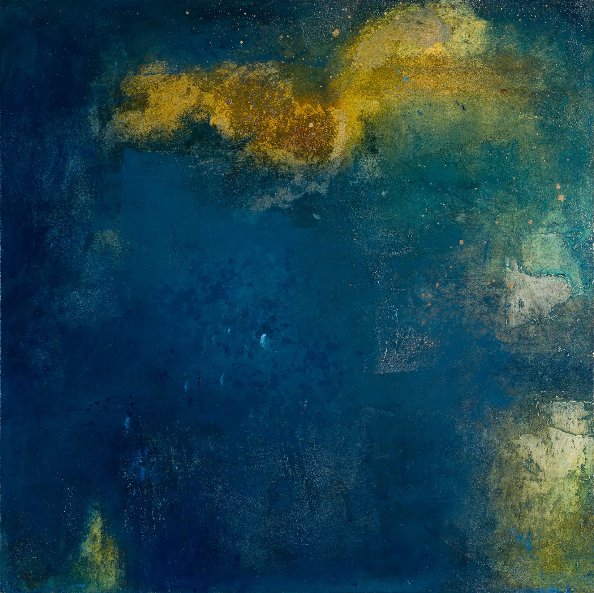 Abstract painting dominated by deep teal background with golden-yellow cloudy forms in upper portion and lighter cream accents scattered throughout.