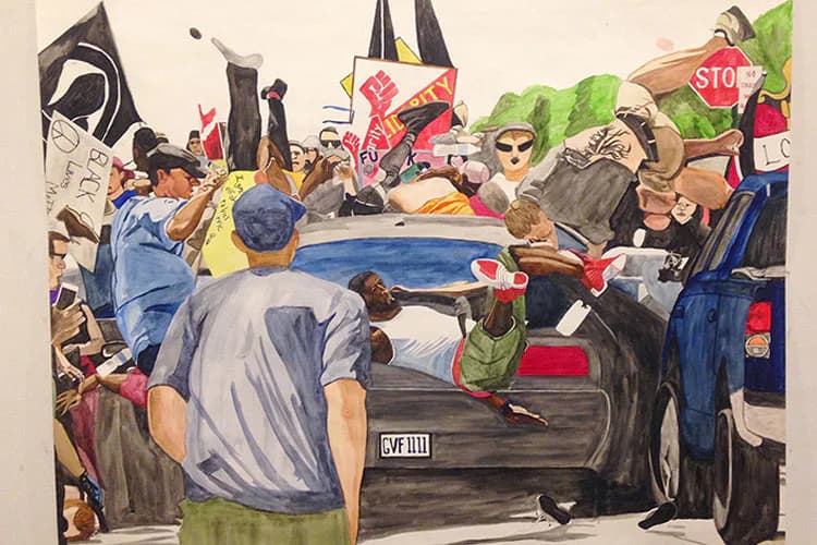 Watercolor painting depicting a crowded street scene with protesters, vehicles, and signs in blue, yellow, and black tones.