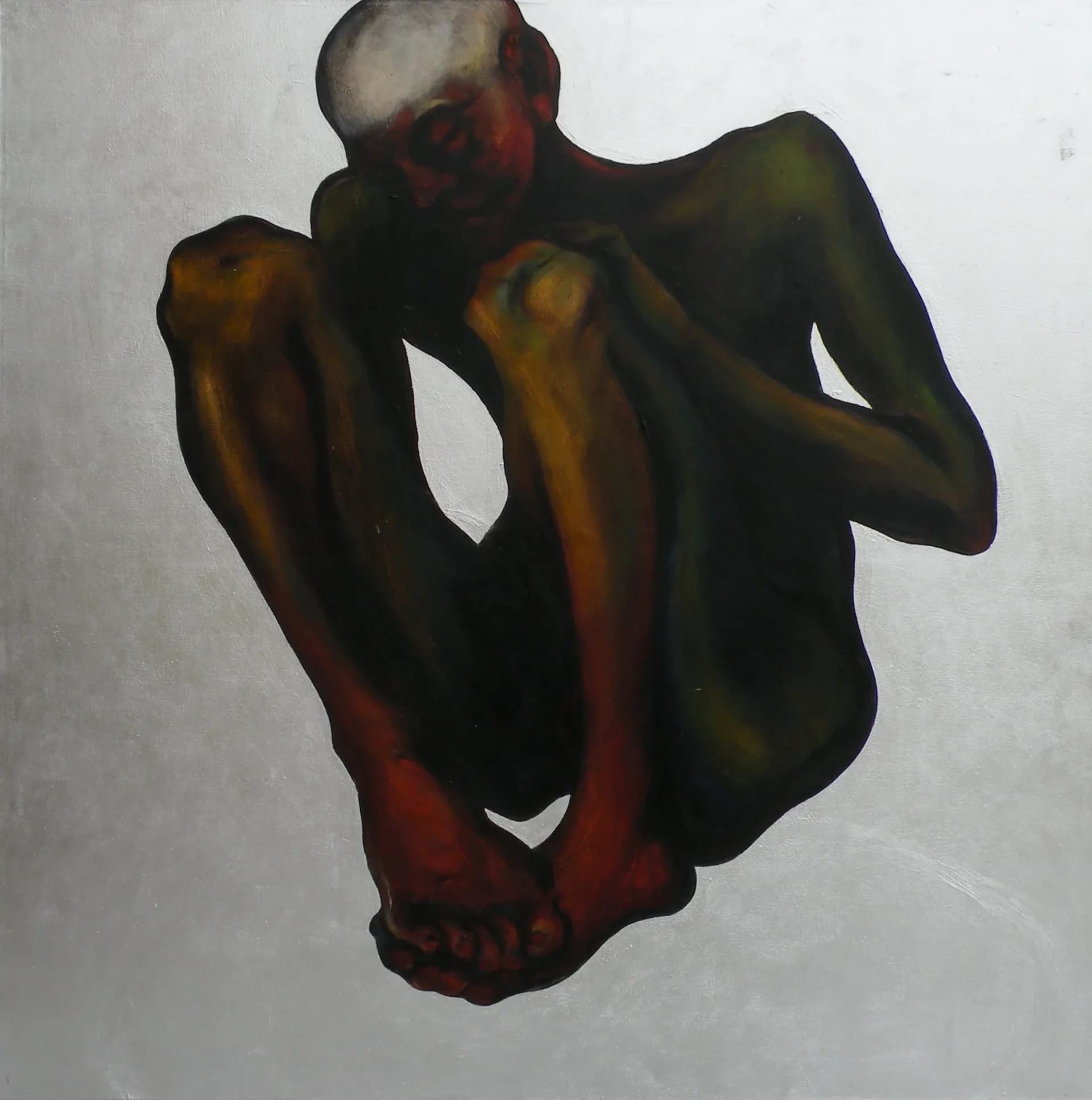 Crouching nude figure painted in dark greens and reds on silver leaf background