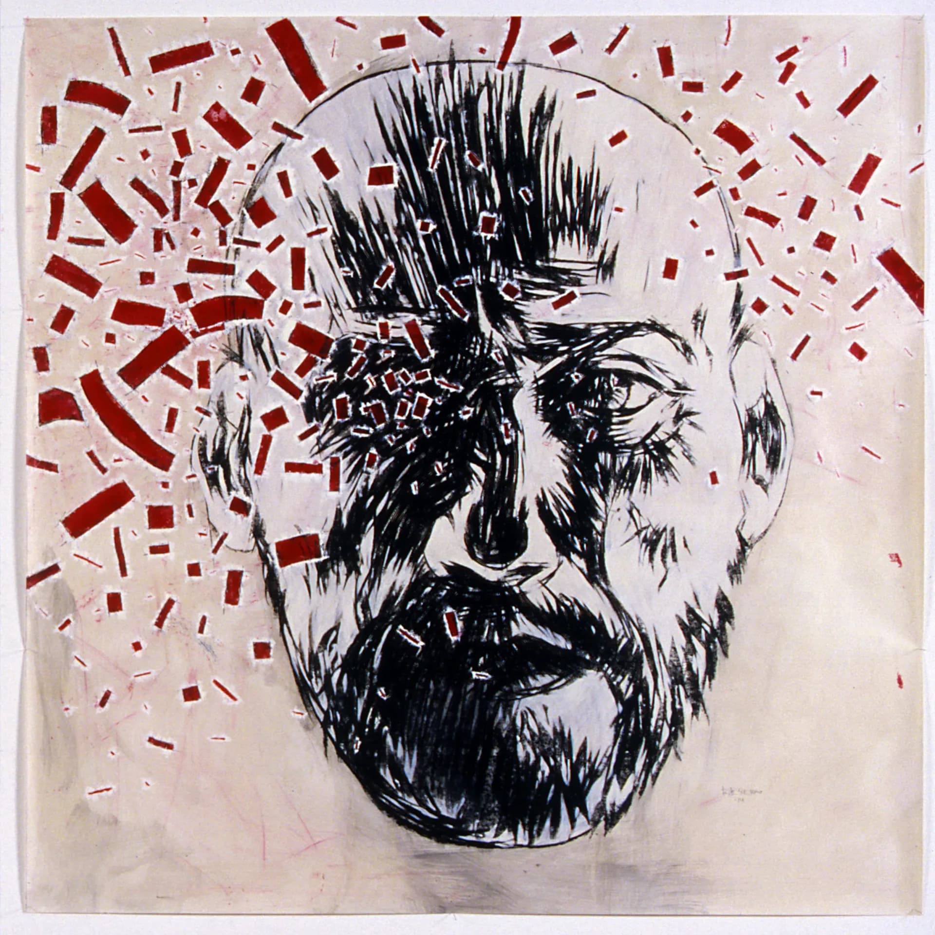 Ink and red rectangle mixed-media portrait of an older man