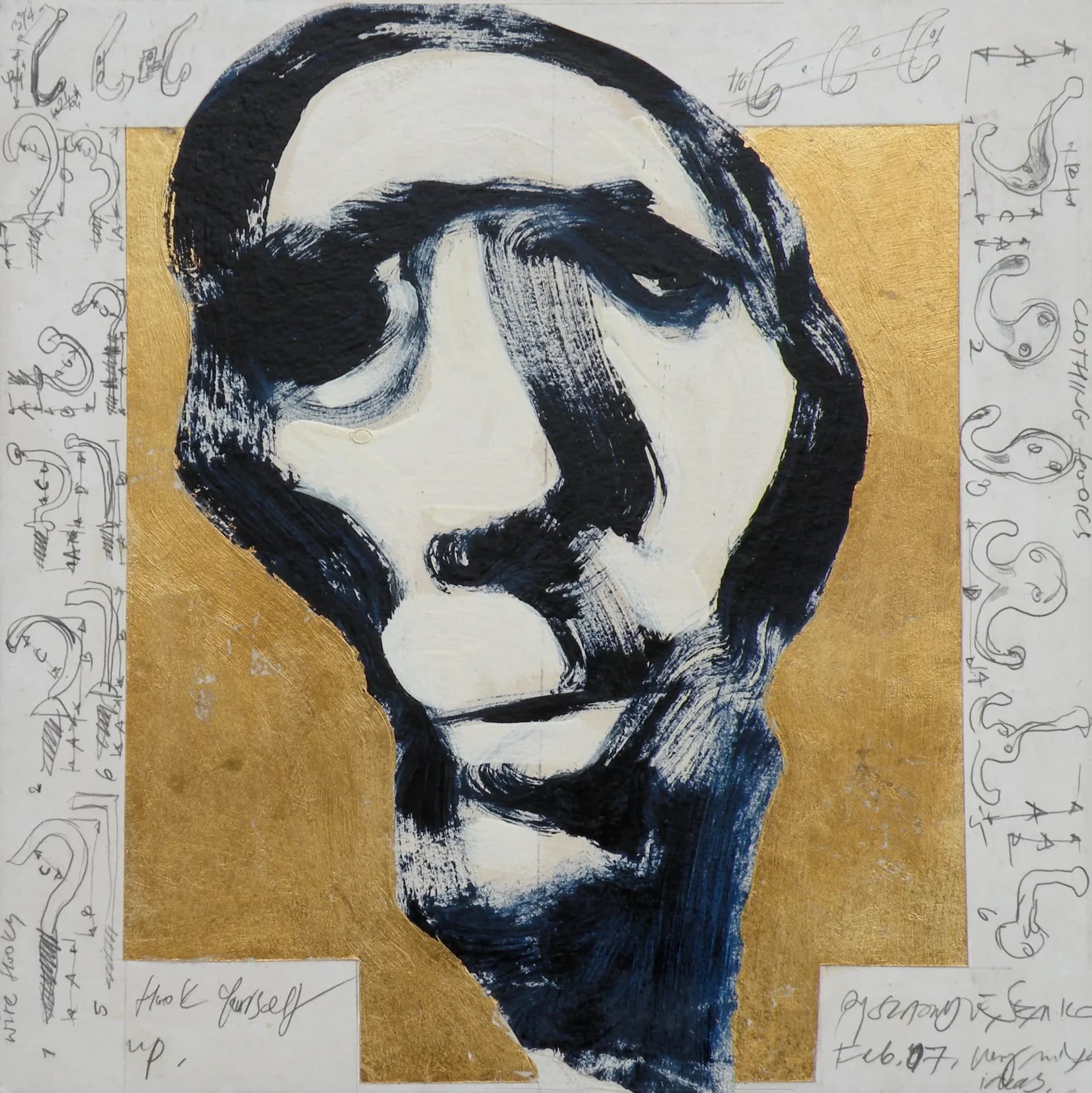 Mixed-media head portrait with gold leaf ground and handwritten notes in margins