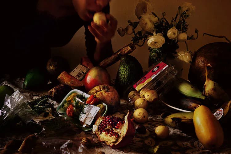 Still life photograph by Samantha Box featuring scattered produce, flowers, and packaged goods arranged on dark surface with dramatic warm lighting.