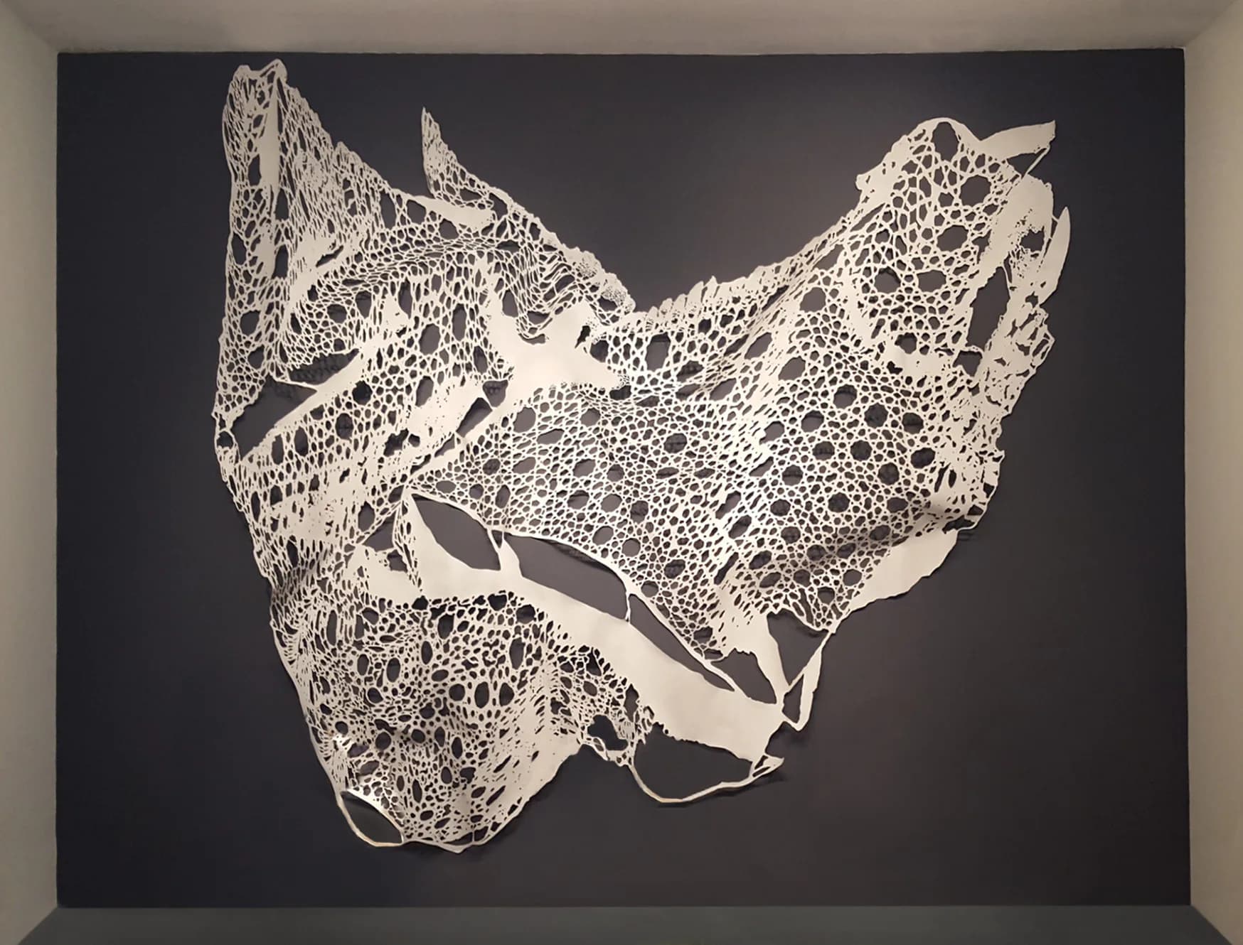 Intricate laser-cut or carved white sculptural form mounted on dark background, featuring dense organic cellular or honeycomb-like pattern with flowing, biomorphic contours.