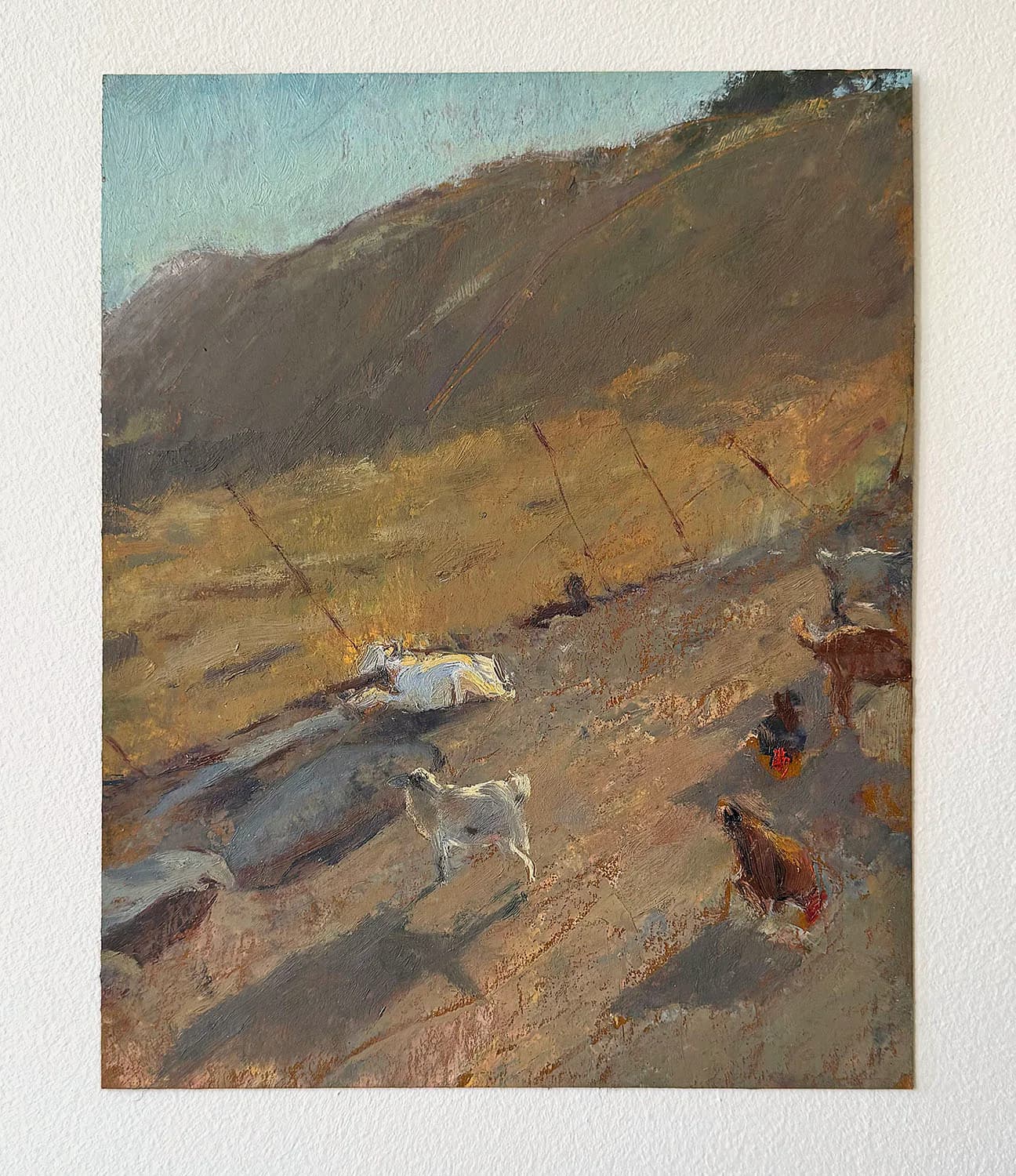Oil painting of goats and chickens on a hillside