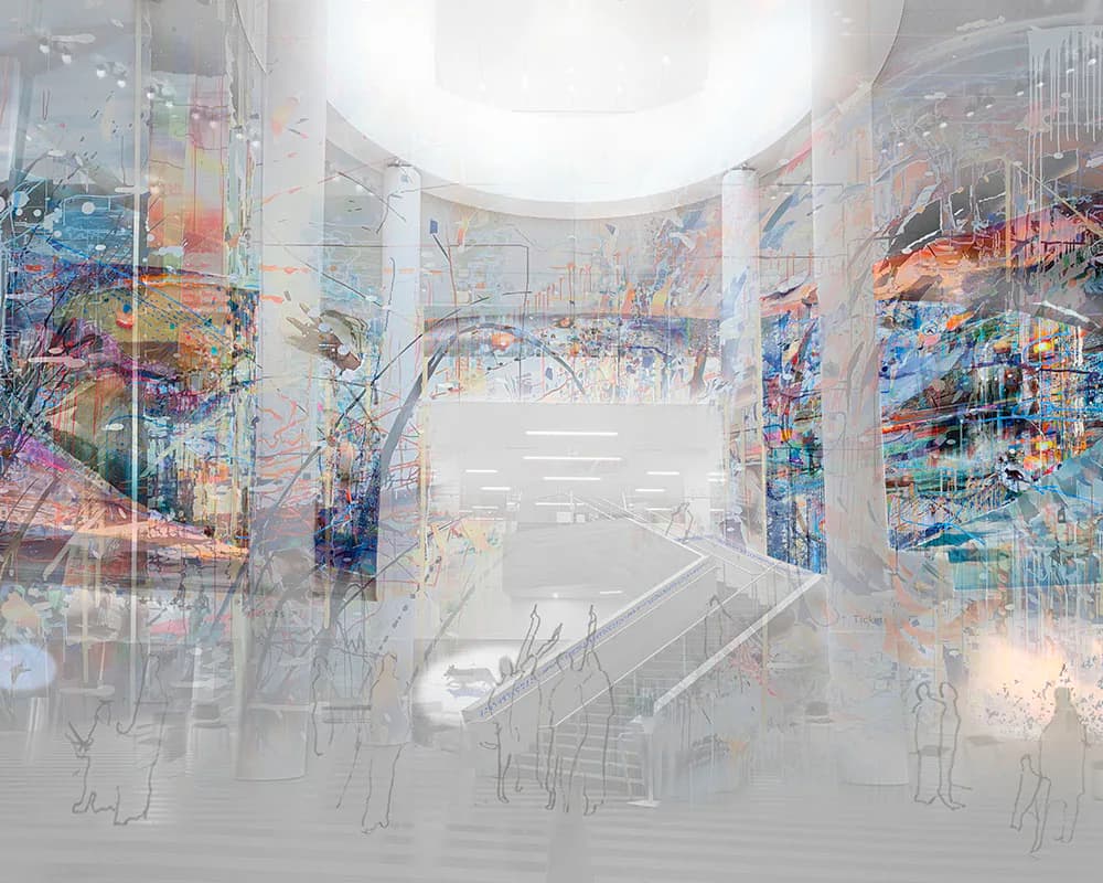Interior installation with translucent multicolored panels and sketched figures, bright overhead lighting creating an immersive mixed-media environment.