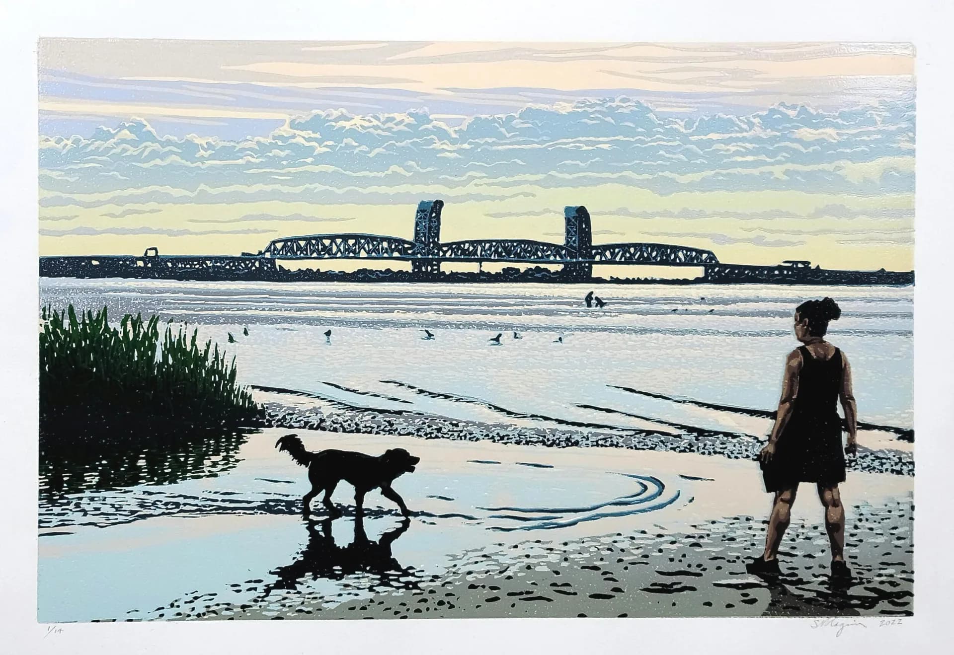 Stylized print showing a person and dog on a beach at sunrise with a steel drawbridge spanning a waterway in the background.