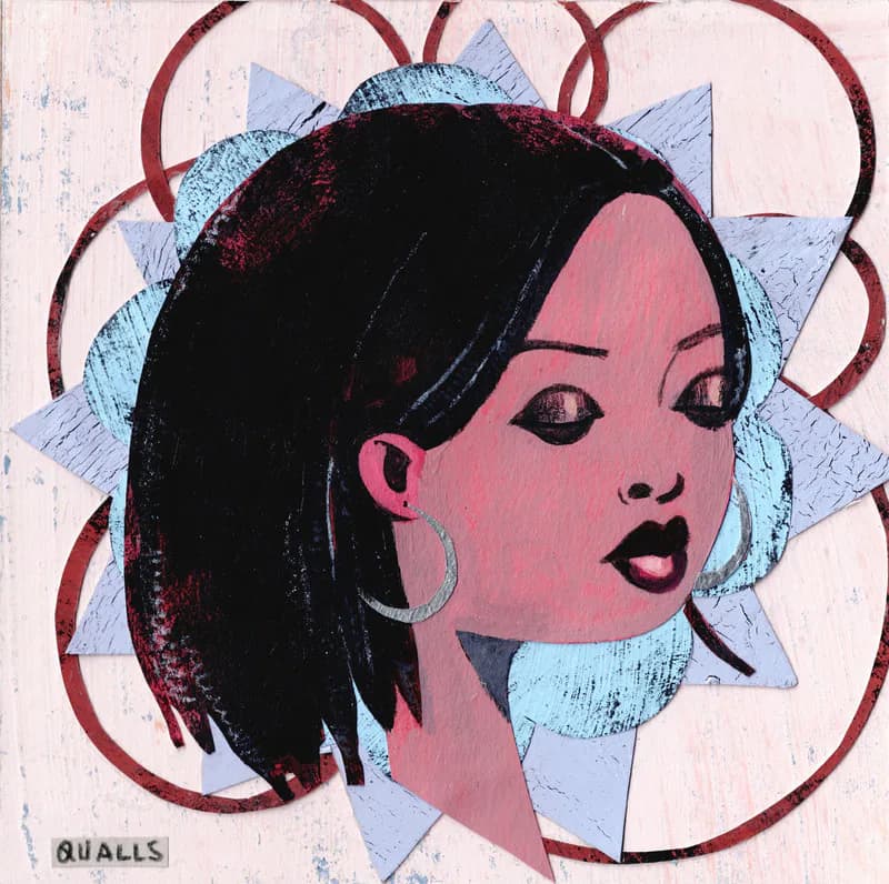 Pop art portrait of a woman wearing oversized sunglasses with long black hair on pink background