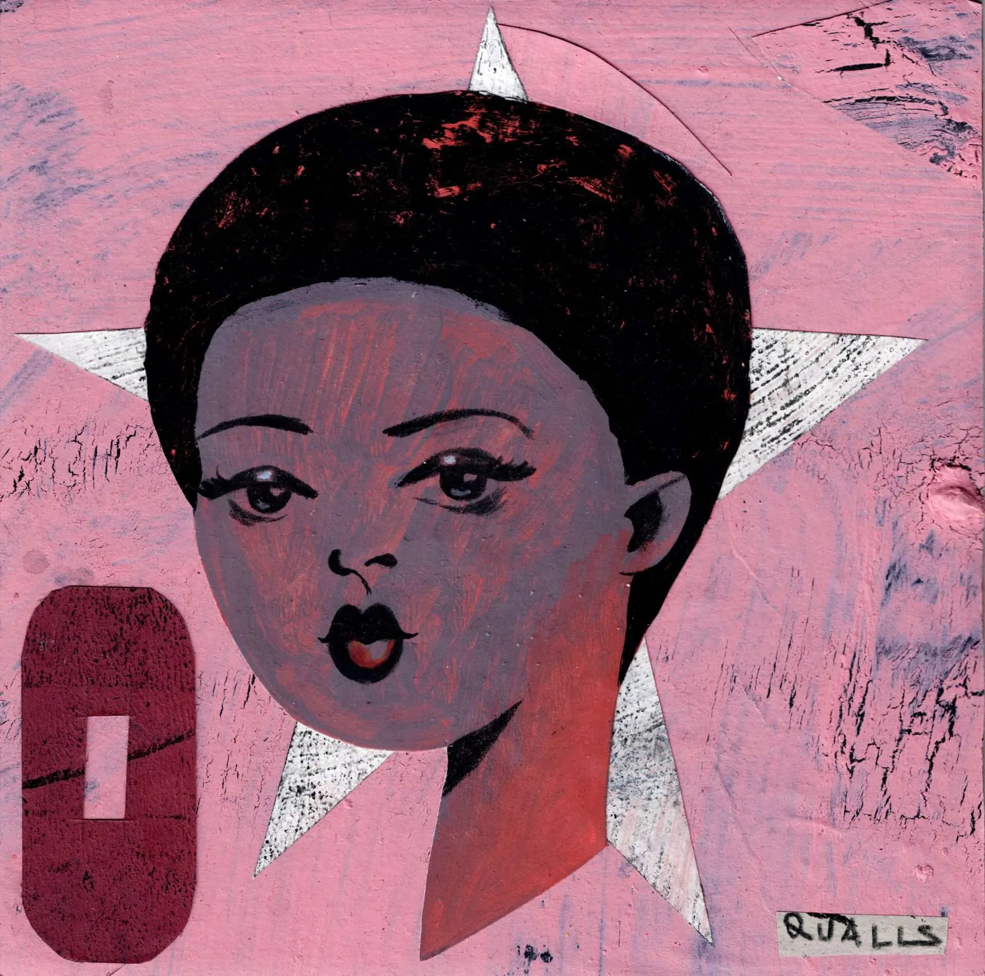 Portrait of a woman with short black hair against a pink background with a white star, in muted red and gray tones, signed by Qualls.
