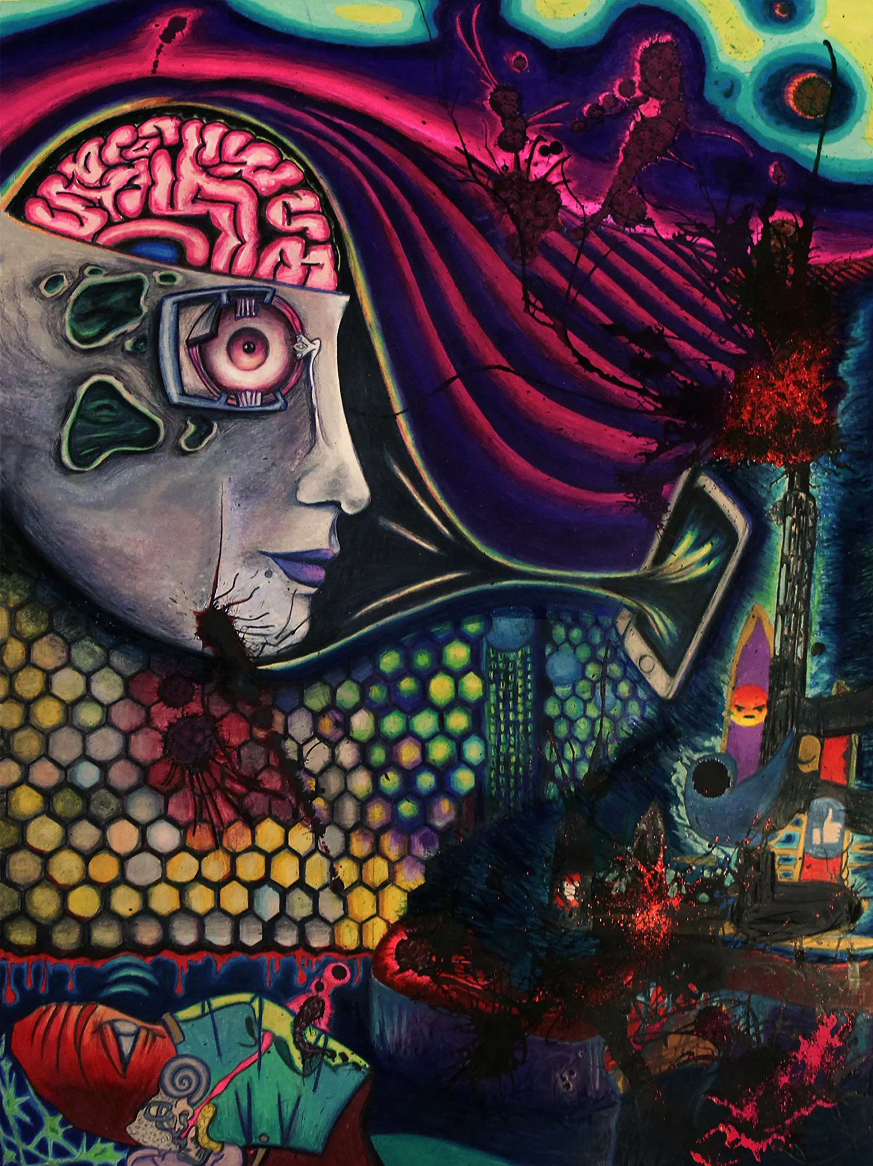 Psychedelic mixed-media painting of a cross-sectioned human head with exposed brain, honeycomb patterns, and surreal cityscape