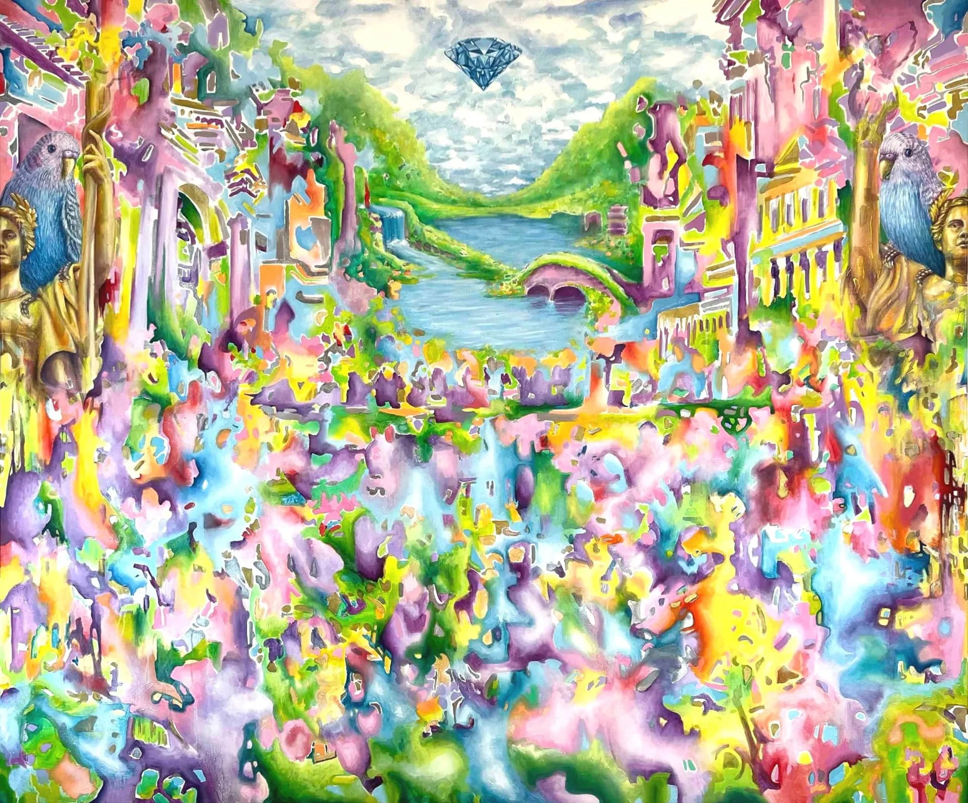 Vibrant mixed-media composition with an intricate landscape featuring pink, yellow, and purple buildings, figures, and nature elements surrounding a blue water feature.