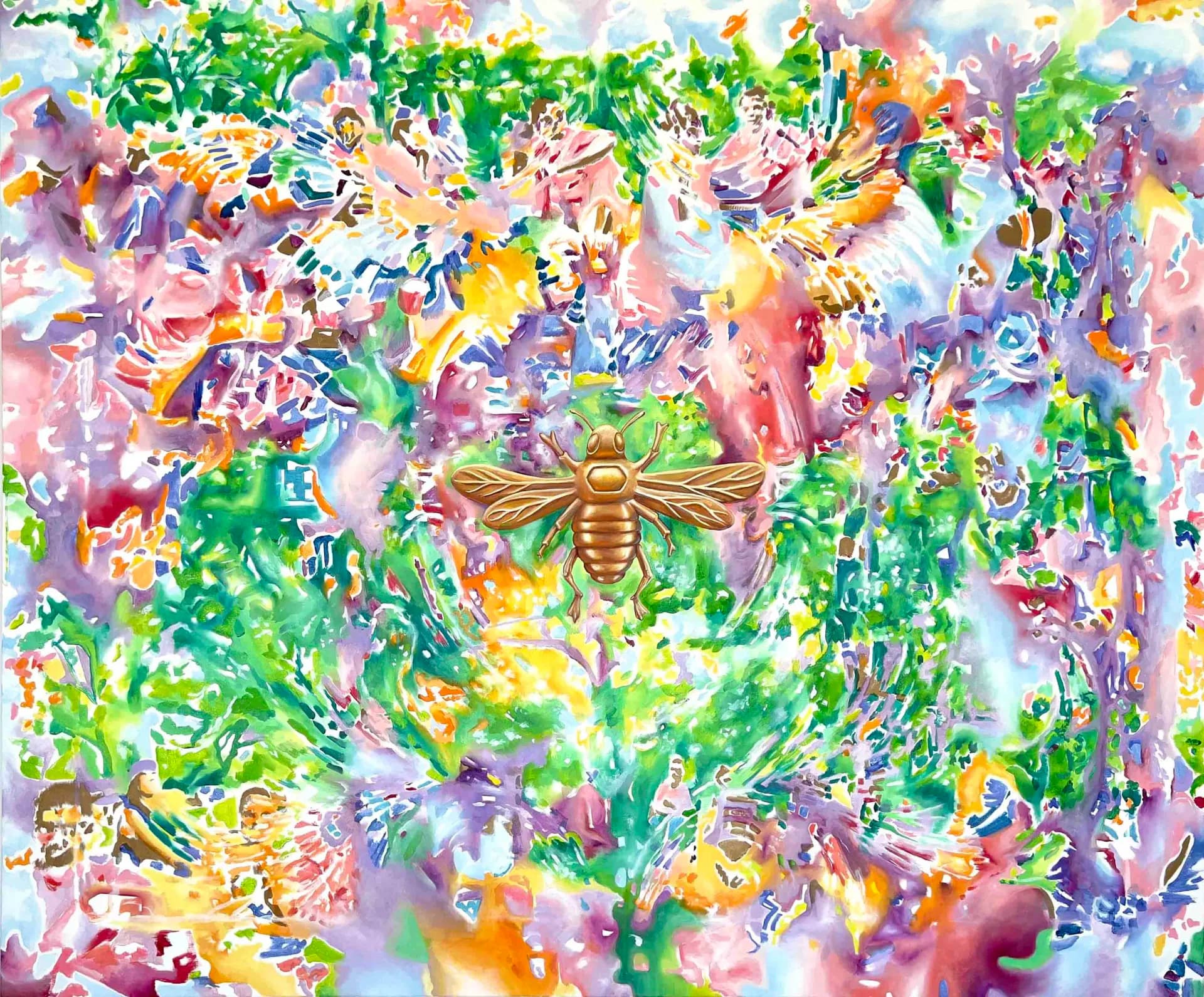 Dense, colorful mixed-media artwork with layered floral and organic forms in pink, yellow, green, and purple, featuring a gold bee at center.