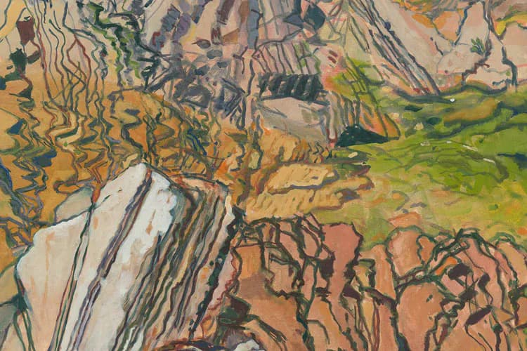 Abstract mixed-media painting with gestural lines in black, green, and ochre over muted earth tones and white, suggesting landscape contours.