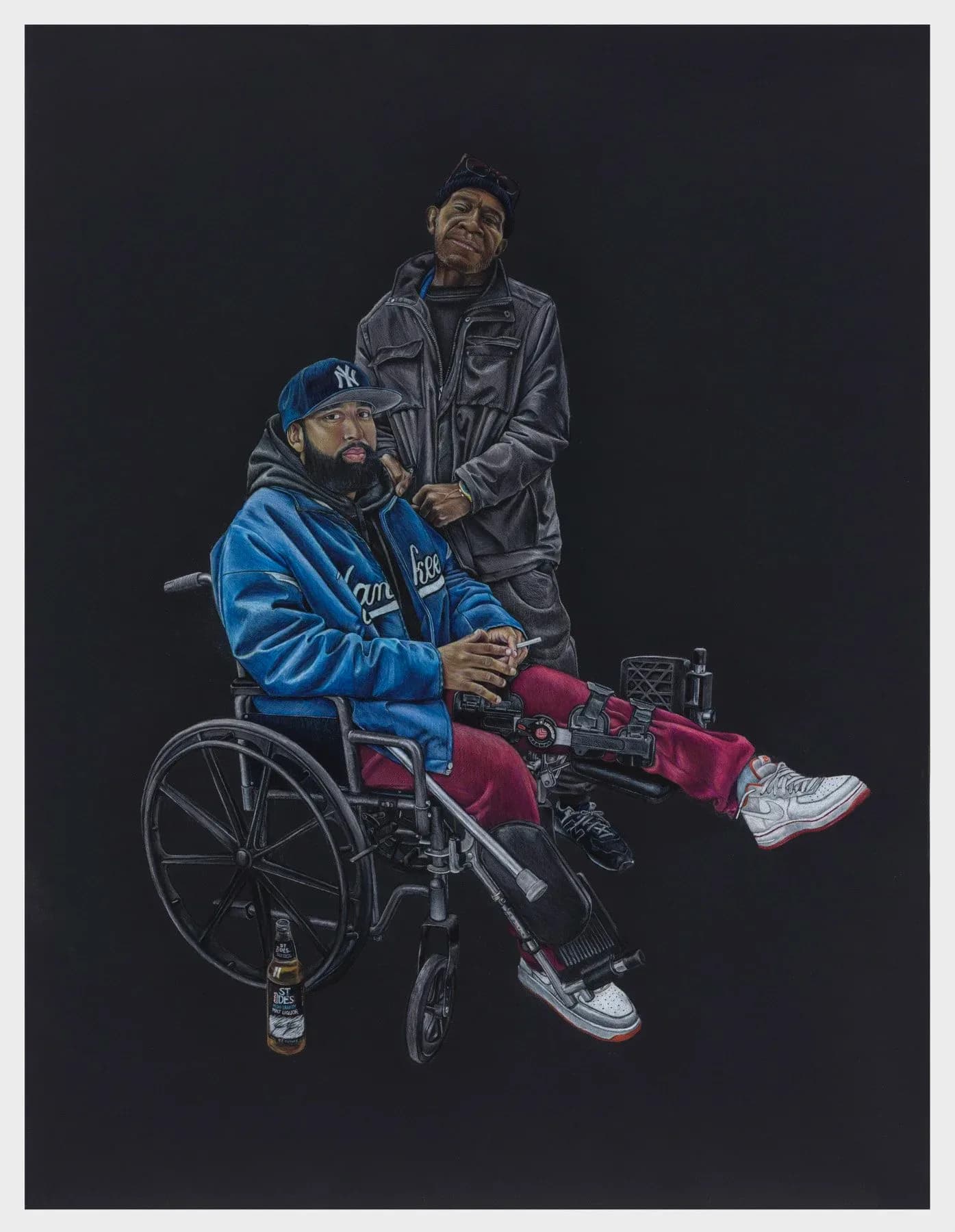 Chalk pastel portrait on black background depicting two figures—one seated in wheelchair wearing blue jacket, one standing behind in denim jacket.