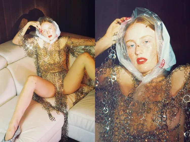 Model in chain mail garment with plastic bag headscarf, diptych