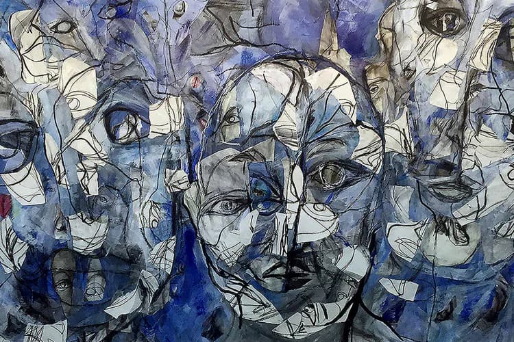 Abstract mixed-media painting with overlapping faces rendered in blue, white, and gray tones with energetic black line work.