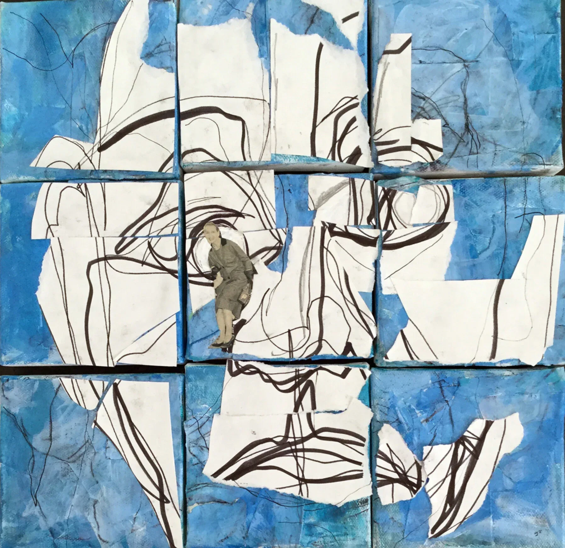Grid-divided portrait with blue and white color blocks, featuring a stylized face outlined in black with expressive line work.