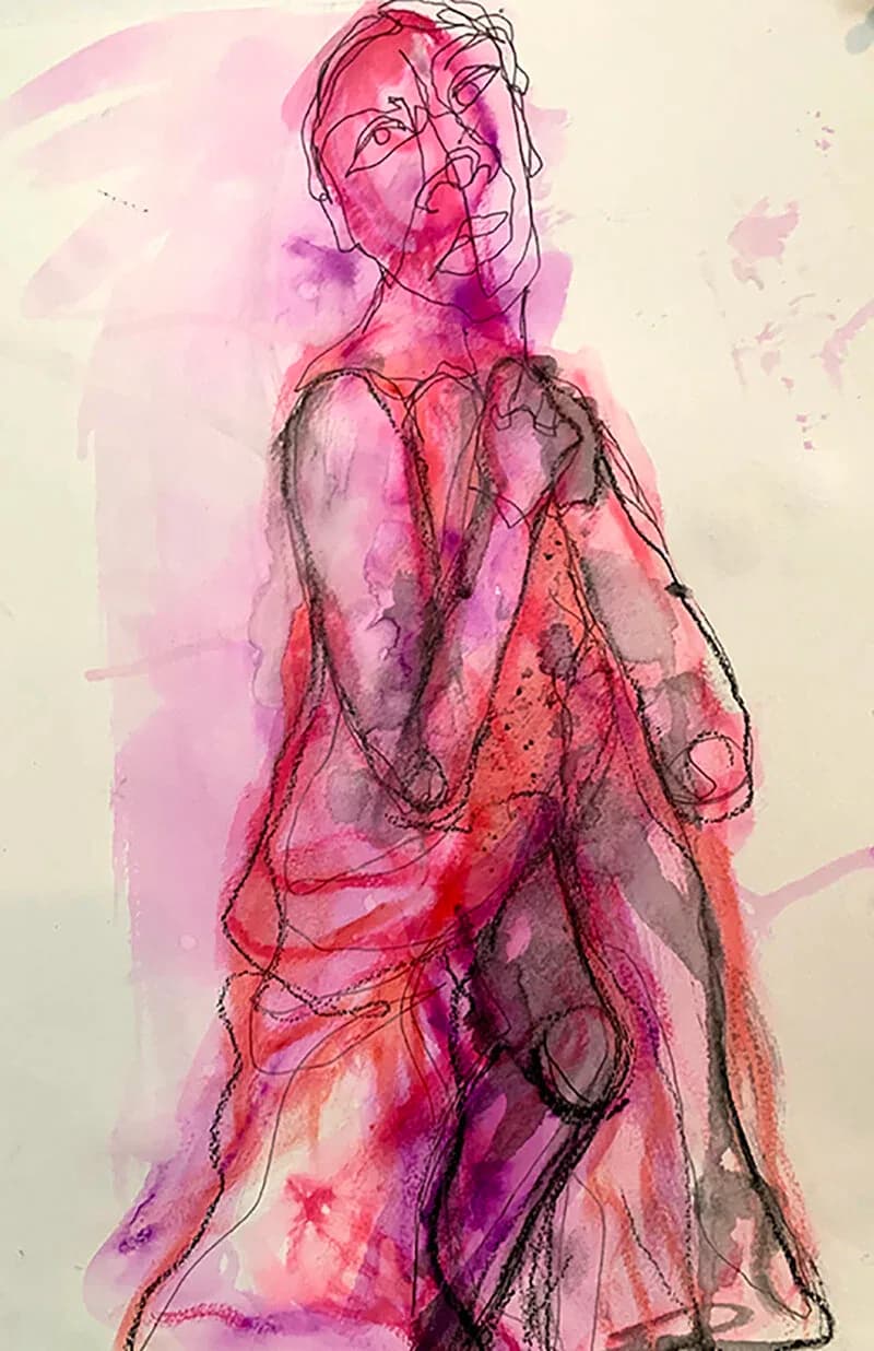 Mixed-media figure study with magenta, pink, and red watercolor washes layered under loose black ink line drawings of a seated figure.
