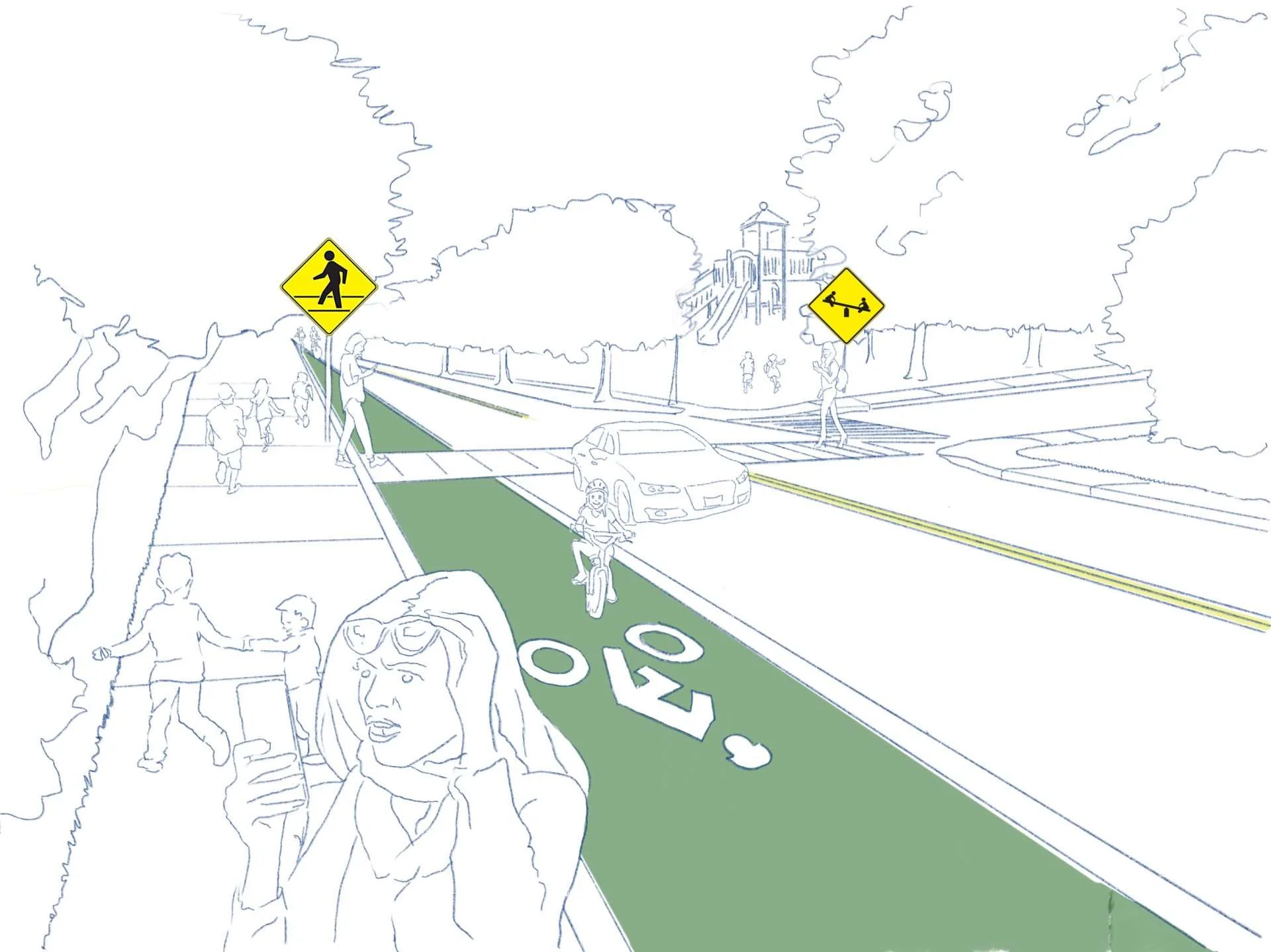 Illustrated highway scene with pedestrians, warning signs, and a large green bike lane or protected path in perspective view.