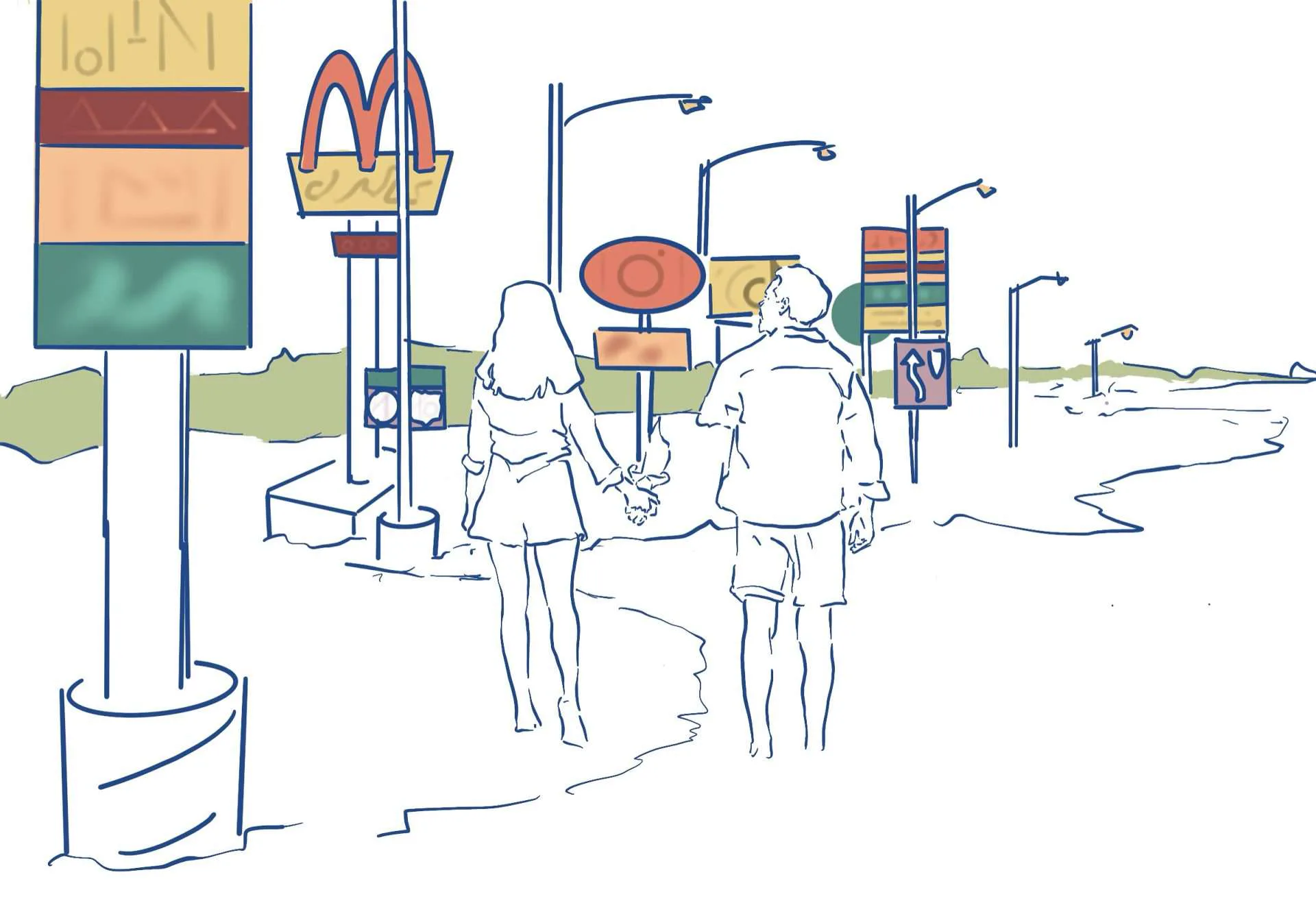 Hand-drawn urban street scene with two figures, colorful storefronts, street furniture, and a palette swatch showing gold, red, green, and tan tones.