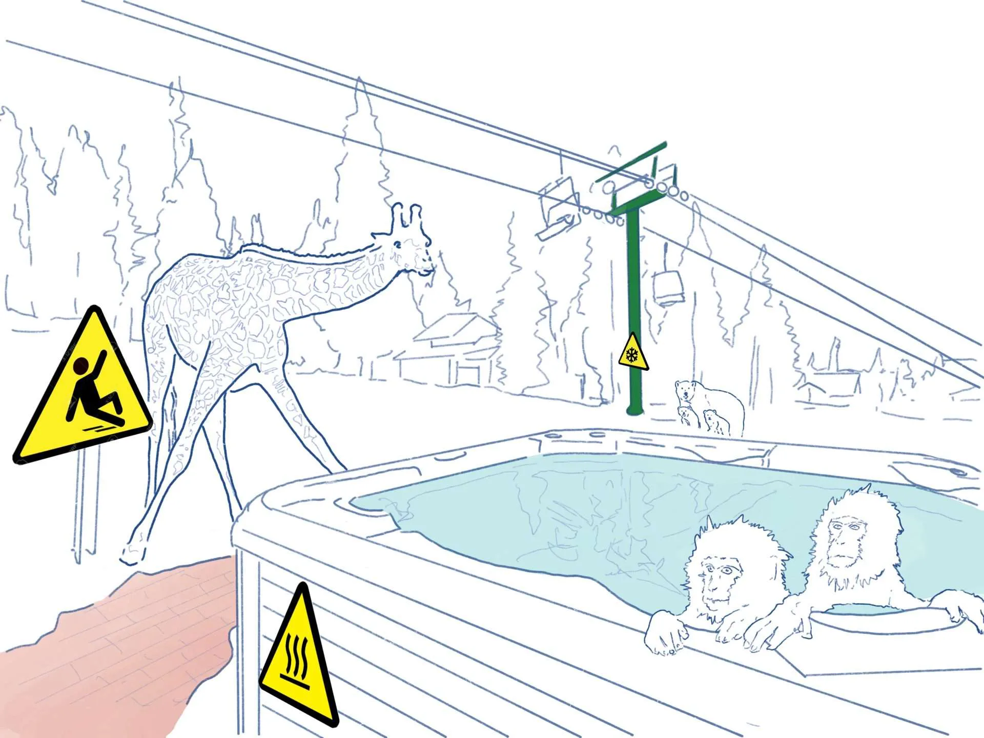 Illustrated ski resort scene with a moose, people in a hot tub, warning signs, and cable infrastructure in muted blue, pink, and green tones.