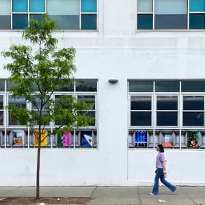 Photograph of a contemporary building facade with large gridded windows, green tree, and pedestrian with colorful clothing visible through glass.