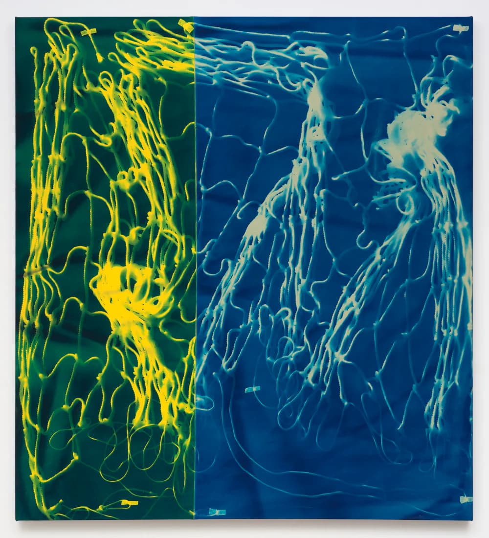 Diptych print: left panel features dense yellow branching lines on dark green; right panel shows blue and pale yellow flowing organic forms on deep blue background.