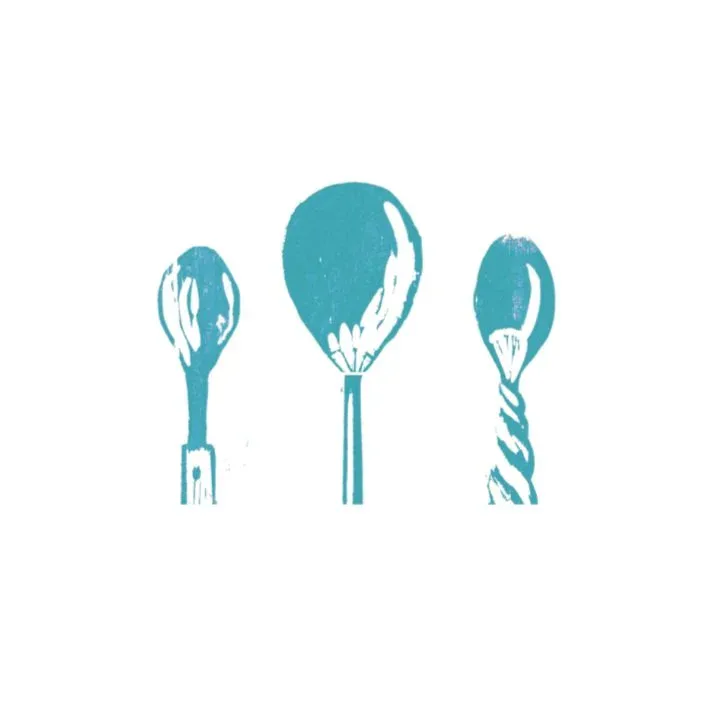 Three wooden spoons depicted as linocut prints in teal blue on white