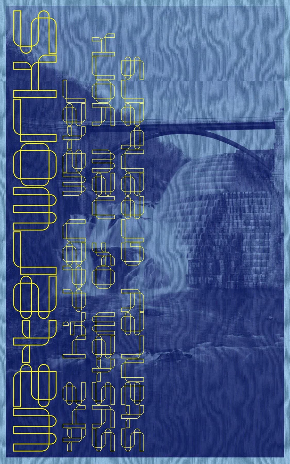 Wetworks - blue-toned graphic artwork with yellow outline typography overlaid on a waterfall and bridge photograph