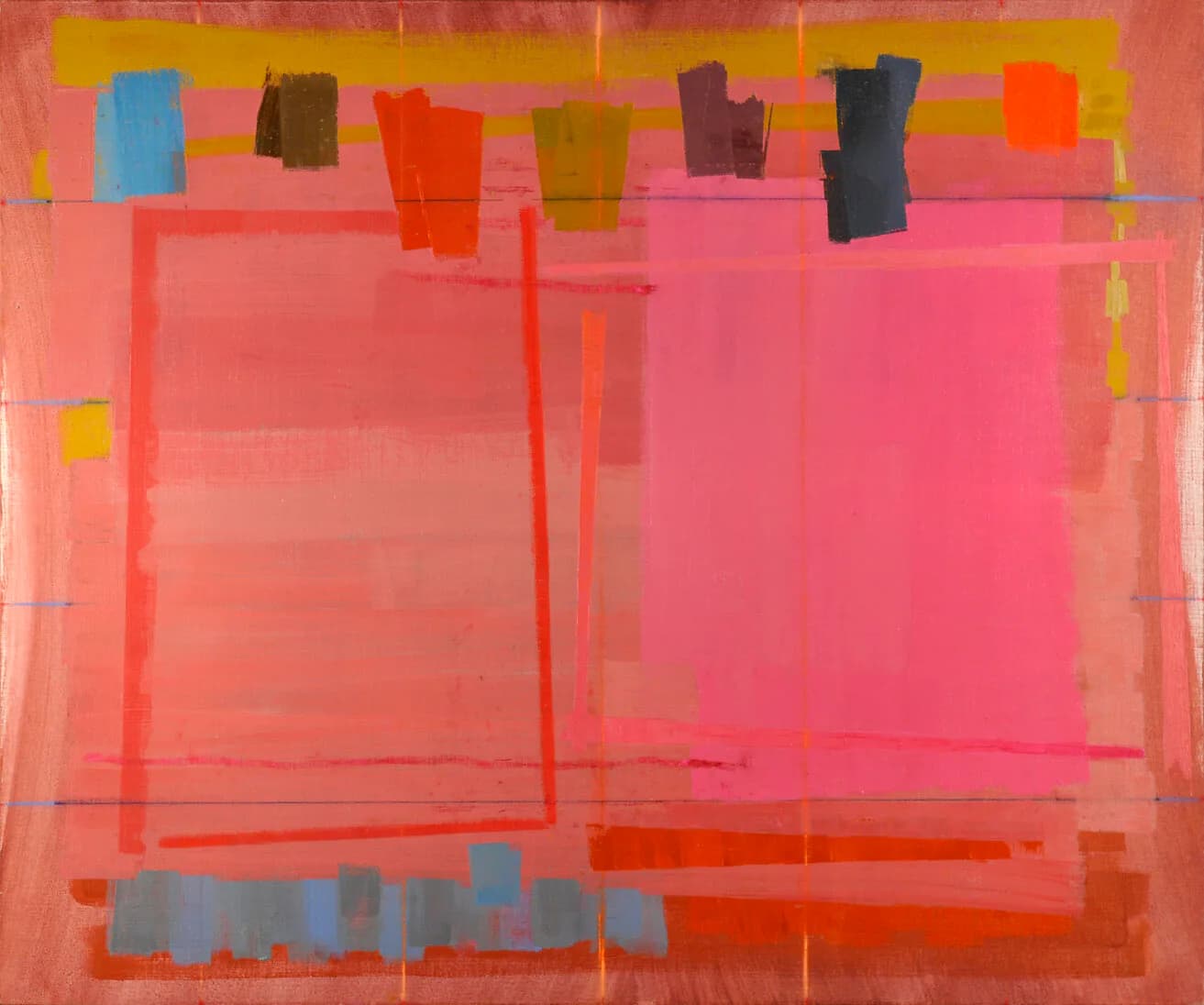 Large abstract painting with pink tones, rectangular forms, hanging color blocks on yellow band, blue horizontal accents