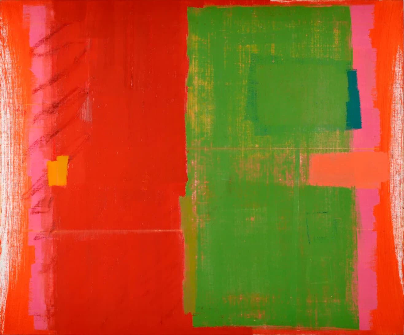 Large abstract painting with bold red and green color fields, pink edges, yellow and teal accents