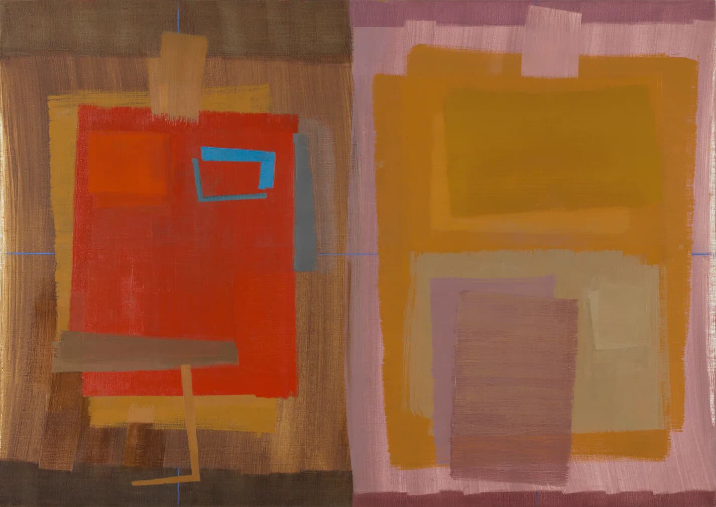 Abstract diptych-format painting with warm brown tones on left, muted purple-pink with ochre rectangles on right