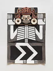 Mixed media skeleton figure with black and white geometric body and ceramic skull head