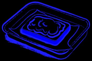 Blue line drawing of toast on a baking tray on a dark background