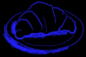 Blue line drawing of a croissant on a plate on a dark background