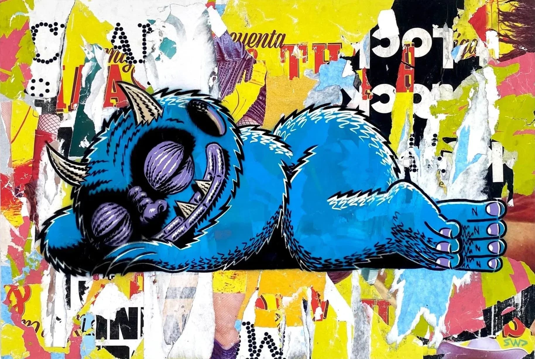 Blue monster on torn poster collage background mixed media artwork