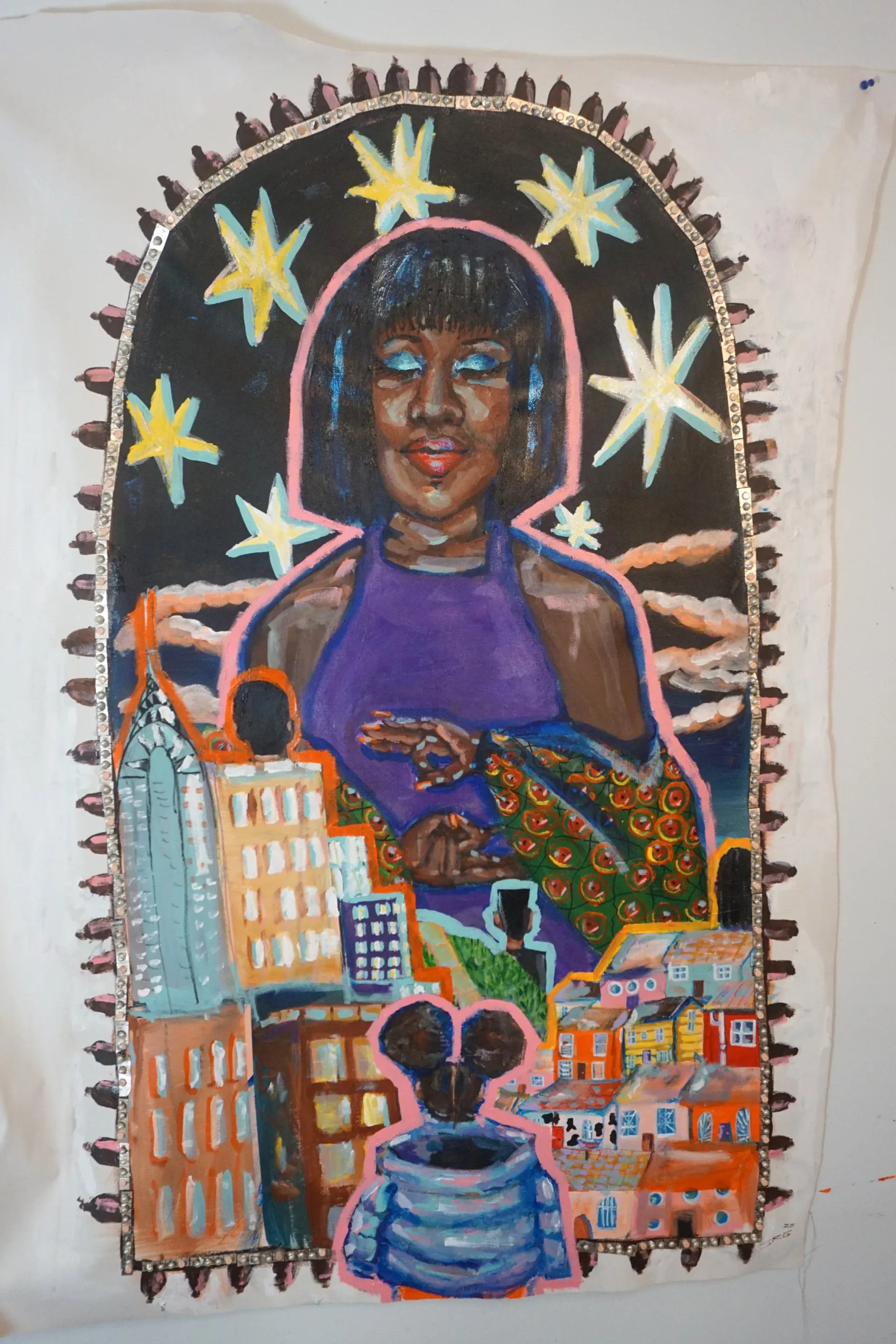 Monumental icon-like figure of a Black woman surrounded by stars and cityscape with decorative border