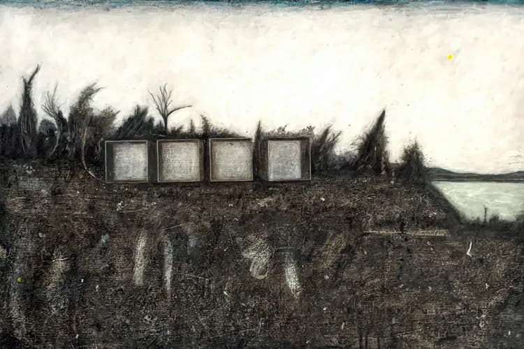 Mixed-media drawing depicting a dark earthen landscape with four pale rectangular forms set into the ground and sparse vegetation above, rendered in charcoal and graphite with muted tones.