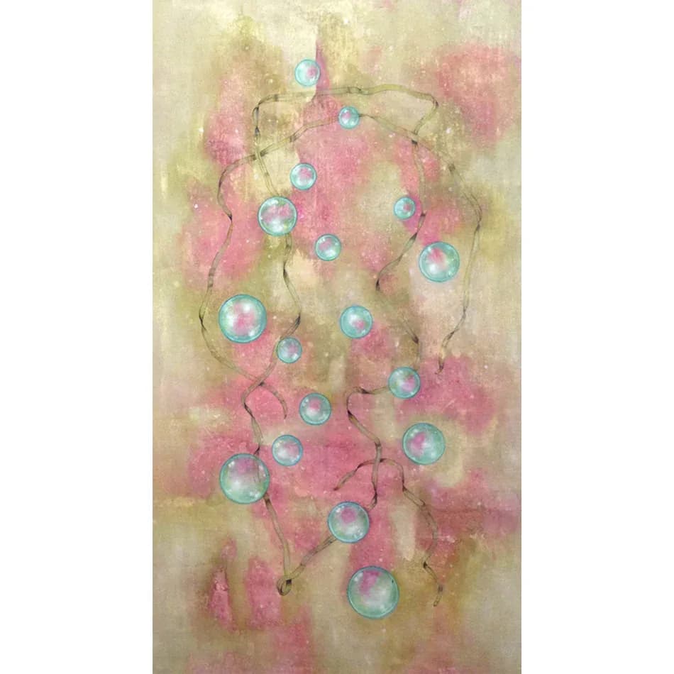Mixed-media painting featuring translucent spheres suspended from branching lines amid soft pink and yellow washes on a pale ground.