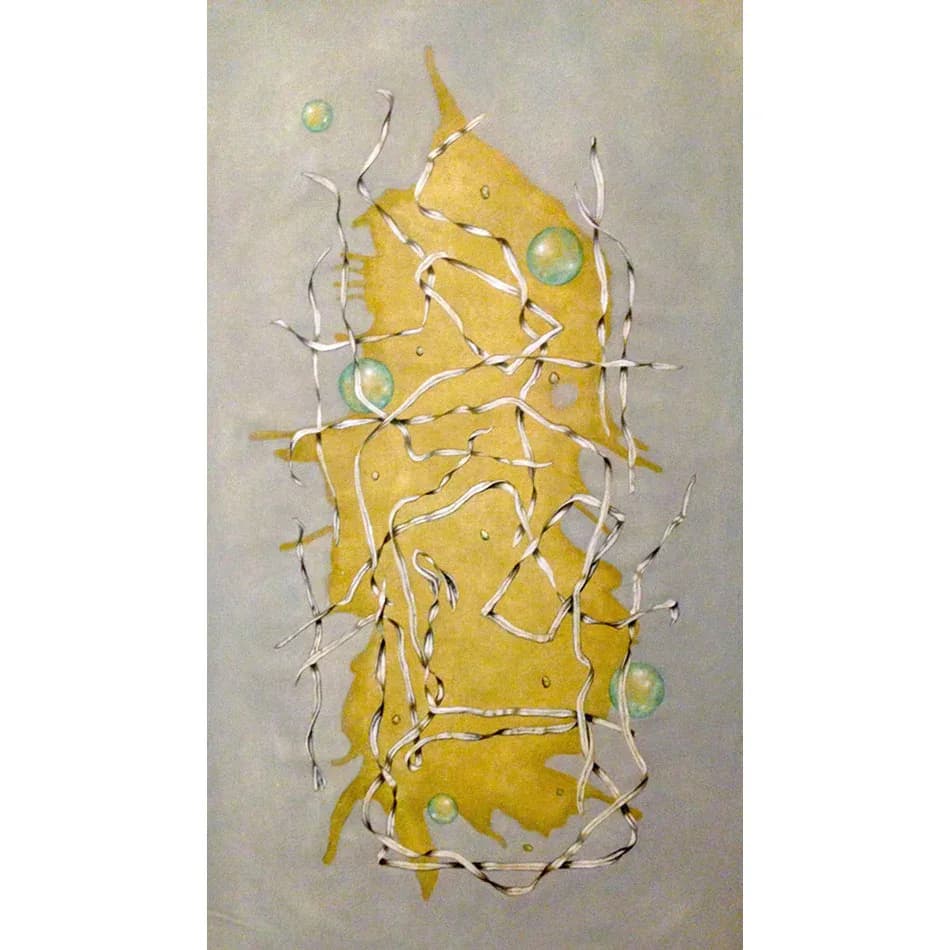 Abstract mixed-media composition with a yellow rectangular form wrapped in white linear elements and glass-like circles against a neutral background.